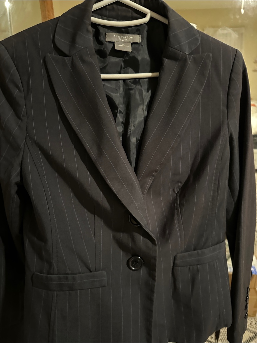 Ann Taylor Navy Blue Pinstripe Fitted Blazer